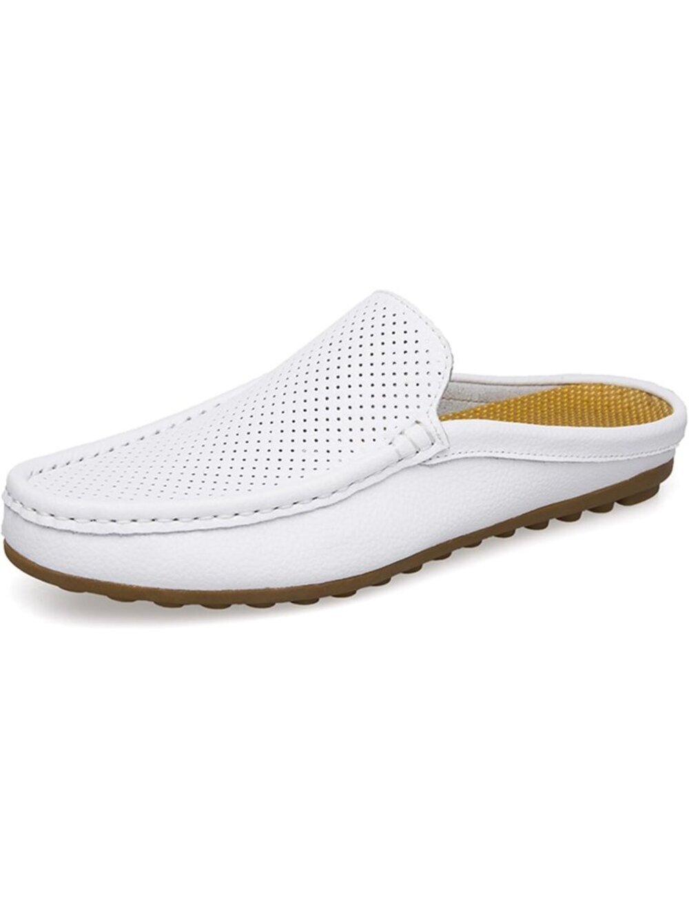 Fashion Men's White Hollow Leather Loafer Round Toe Flat Slip On Casual Slippers